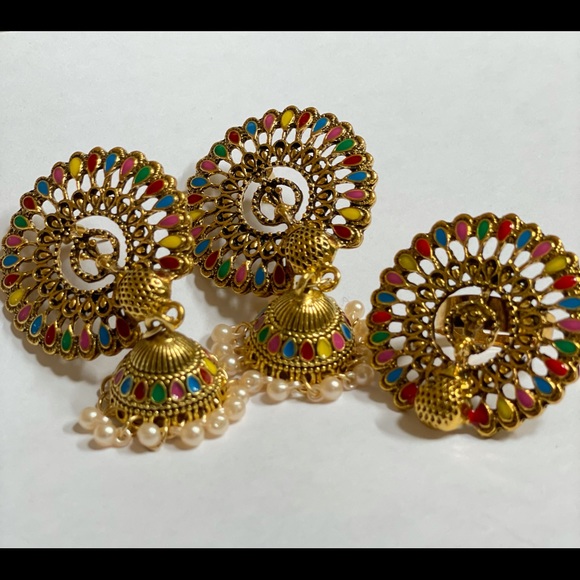 Two Pieces Earrings Nad Ring Set Faux Pearls Tassel Emery Rose Jumka Earrings - Picture 5 of 8